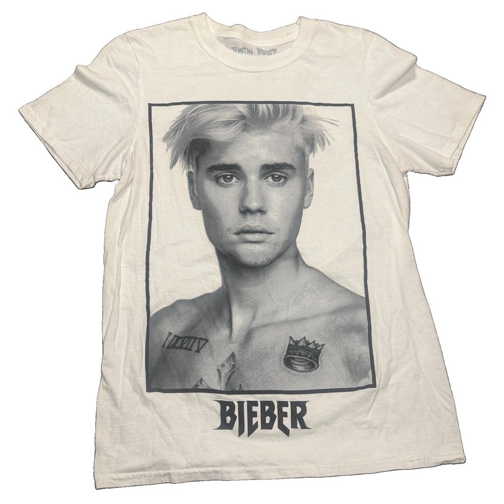 Justin Bieber Men's White Graphic Logo Crew Neck Tagless Cotton T-Shirt M